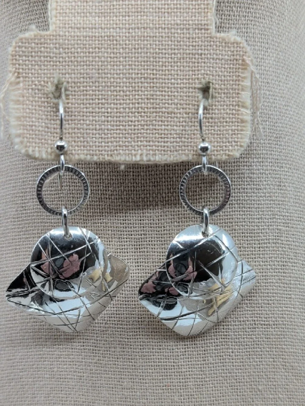 Vintage 925 Sterling Silver Hand-Hammered Crosshatch Shield Earrings